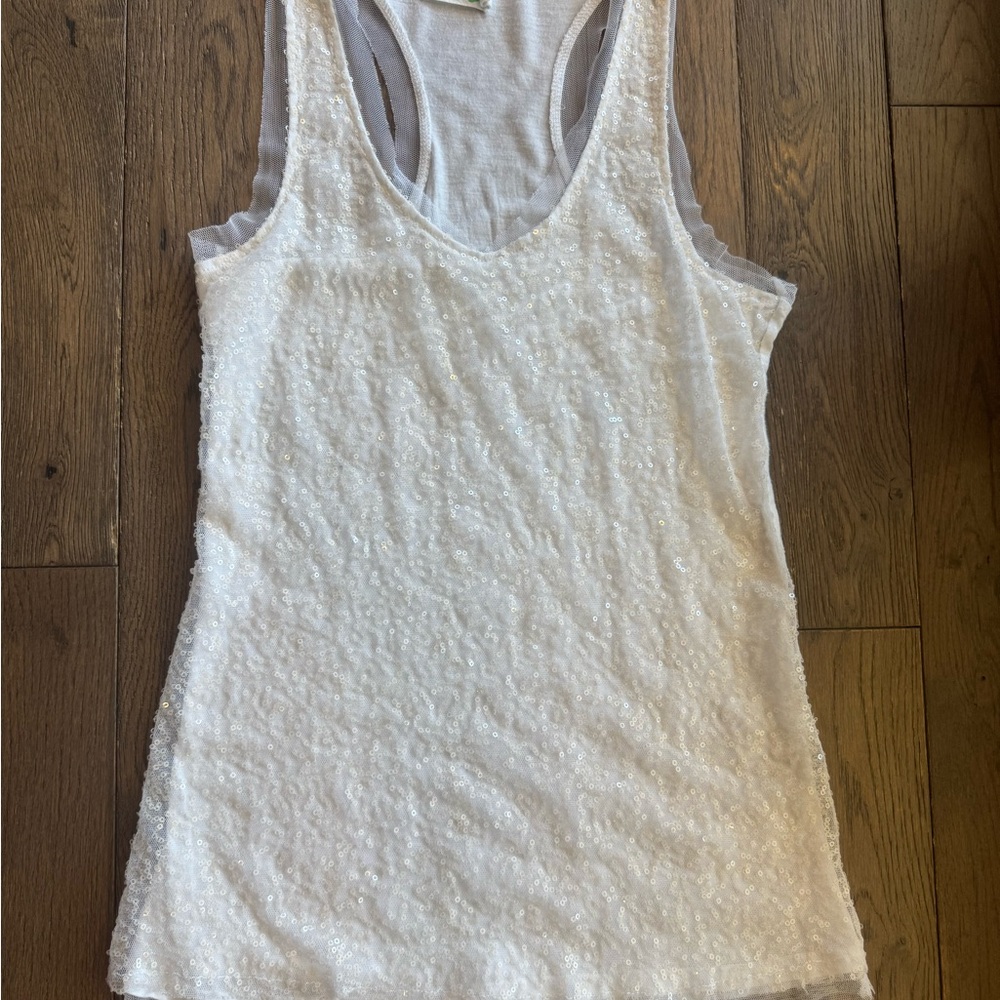 Selena Gomez White Sequin Fitted Tank Top